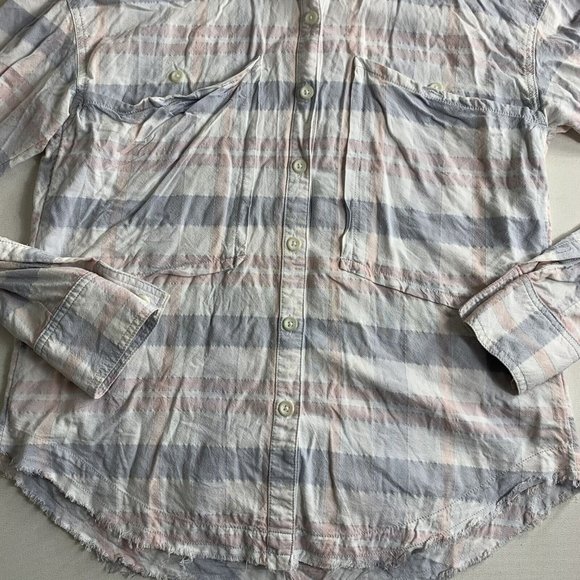 Free People Pastel Blue Pink Plaid Raw Hem Button Down Loveland Shirt Size Small - Picture 5 of 10